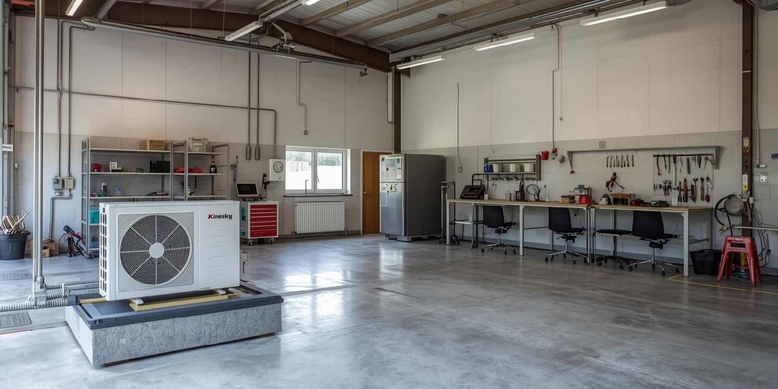 Hala serwisowa w Bochni z pompą ciepła i nagrzewnicami, uporządkowane stanowiska