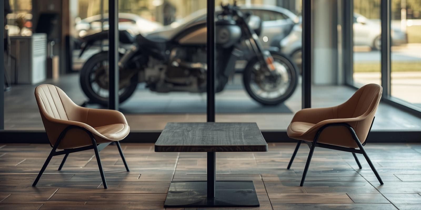 Niski stolik, dwa fotele i krzesło w hali w Tarnowie w tle rozmyty motor