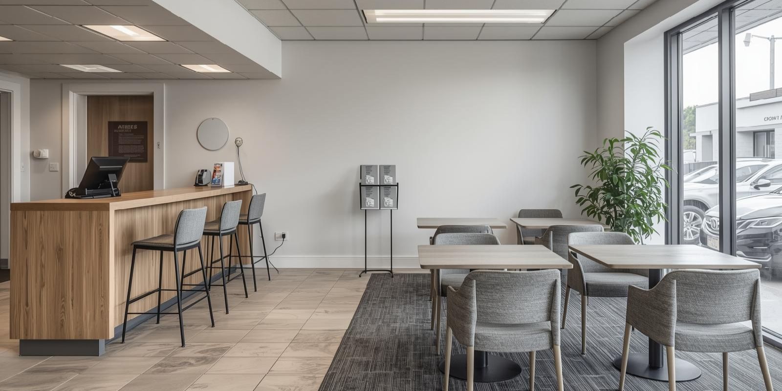 Poczekalnia w punkcie moto_ wysoki blat z hokerami oraz stoliki z krzesłami w Wieliczce w łatwoczyszczącej tkaninie