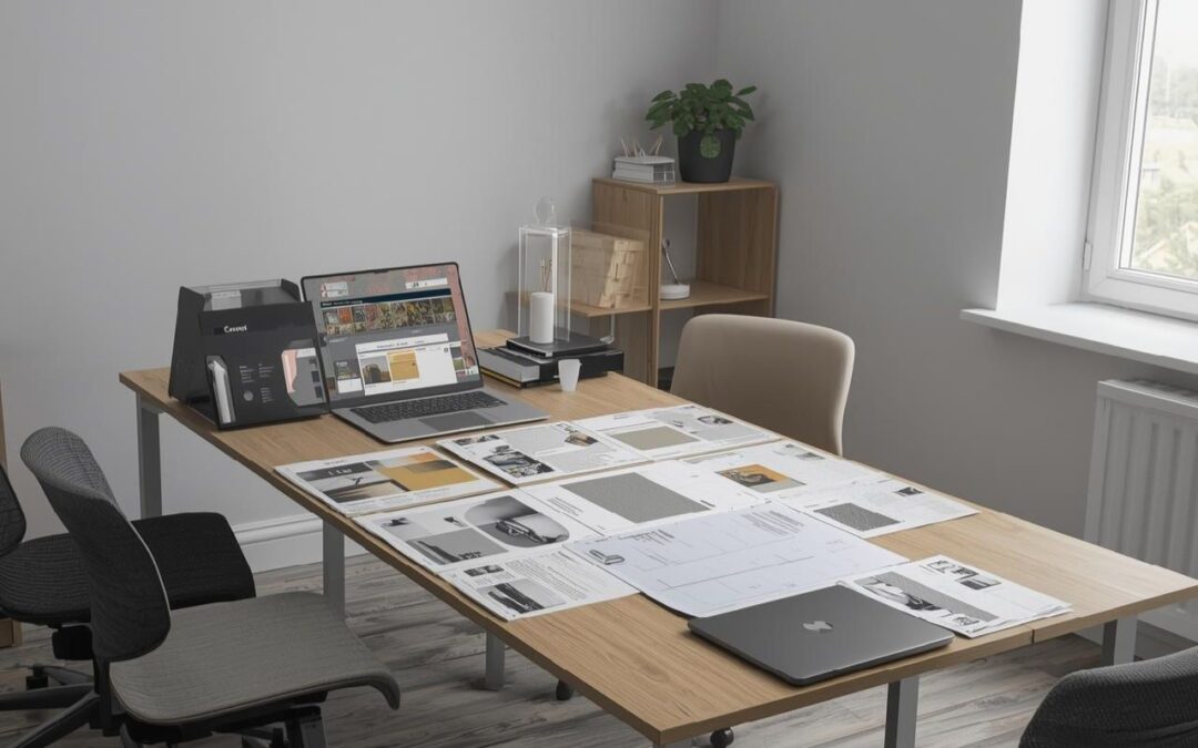 Stół spotkań z laptopem i próbkami, trzy krzesła w neutralnych barwach w biurze motoryzacyjnym w Rzeszowie