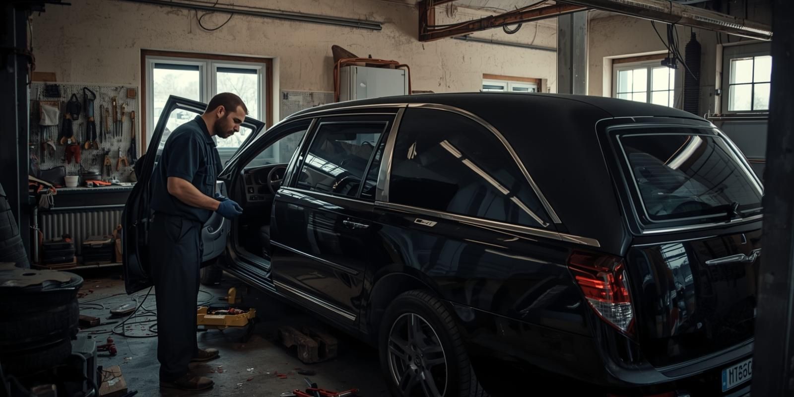 Mechanik sprawdzający zawieszenie karawanu DERUS, zakład pogrzeby Tarnów, dom pogrzebowy w Tarnowie – serwis floty pogrzebowej