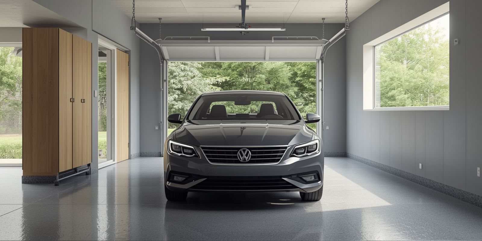 Garaż z zaparkowanym samochodem i dużym oknem zapewniającym dostęp światła dziennego