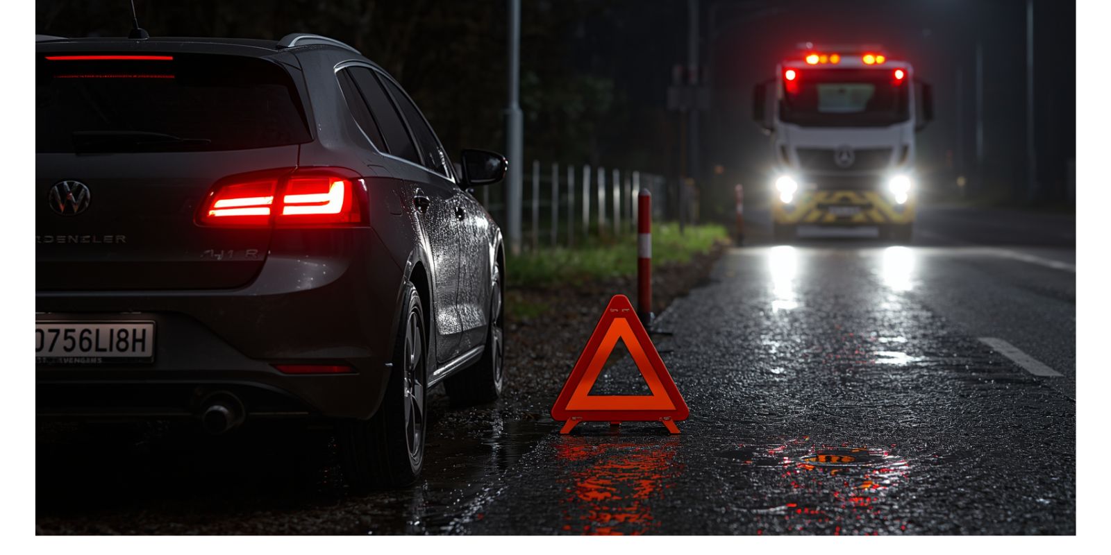 Samochód na poboczu z trójkątem ostrzegawczym nocą, w tle przyjeżdżająca pomoc drogowa w Koninie i okolicach